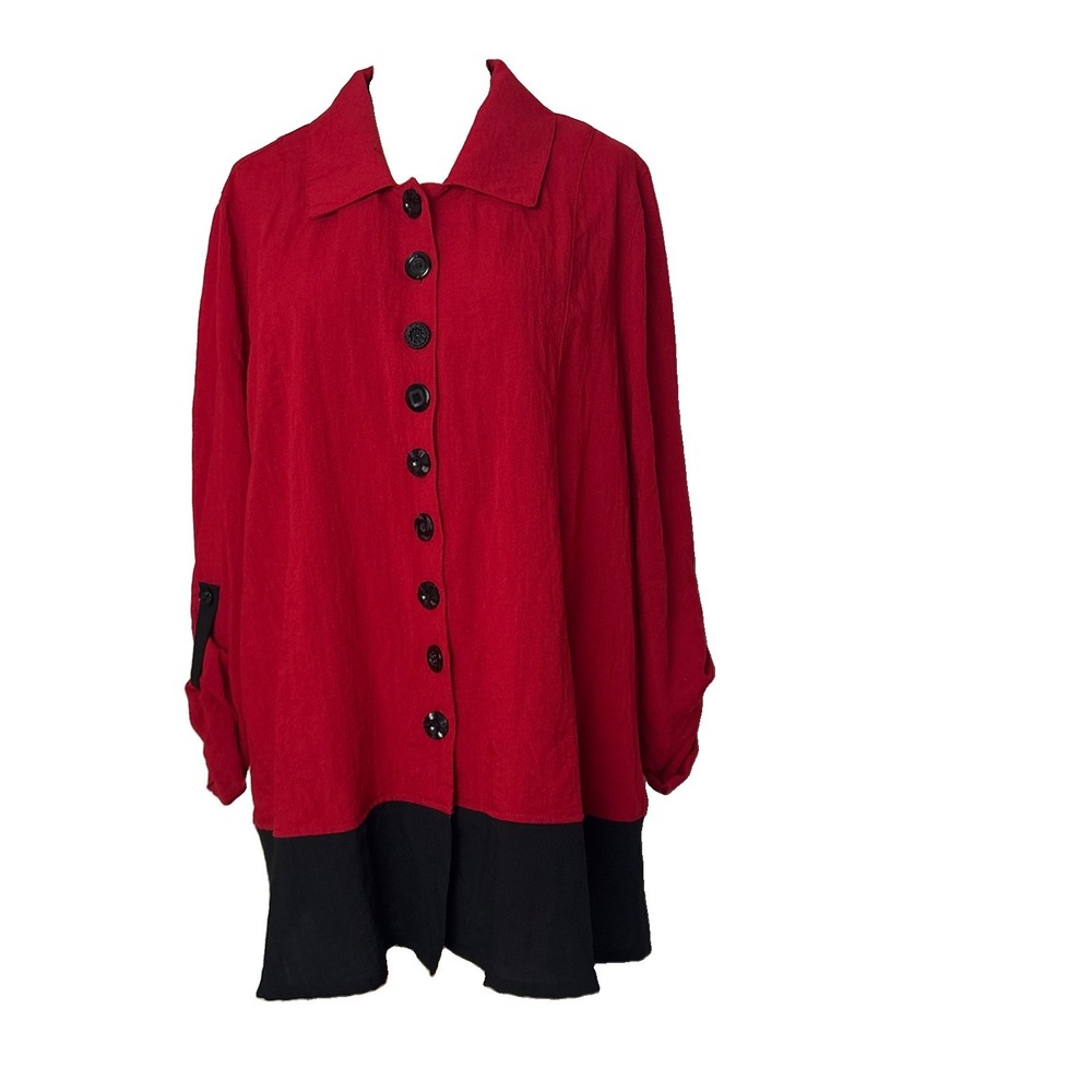 Peck & Peck Womens XL Roll tab Sleeve Button Up Blouse Top Red Black Artsy